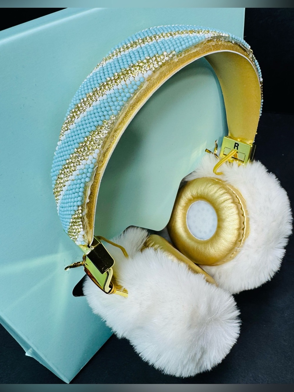 PB Teen Bluetooth Wireless Faux Fur Headphones White Gold Beaded NEW Open Box